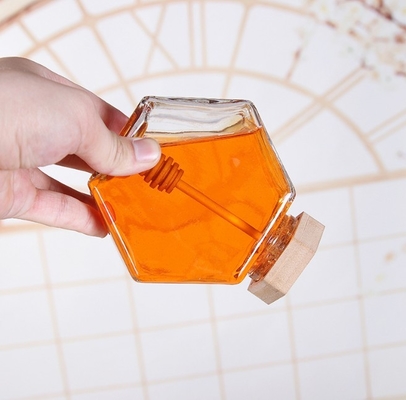 Custom SGS Glass Storage Bottles Hexagon Honey Jars 0.5L To 1L Wooden Lid