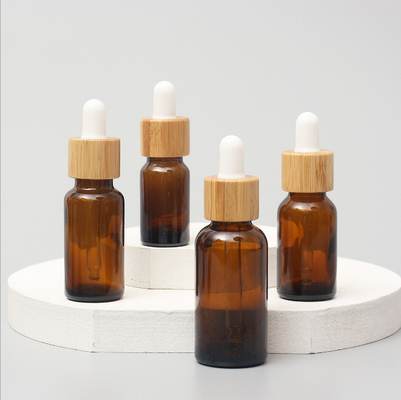 Glossy Amber Color Bamboo Essential Oil Glass Dropper Bottle Wood Cap Glass Cosmetic Containers