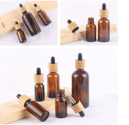 Glossy Amber Color Bamboo Essential Oil Glass Dropper Bottle Wood Cap Glass Cosmetic Containers