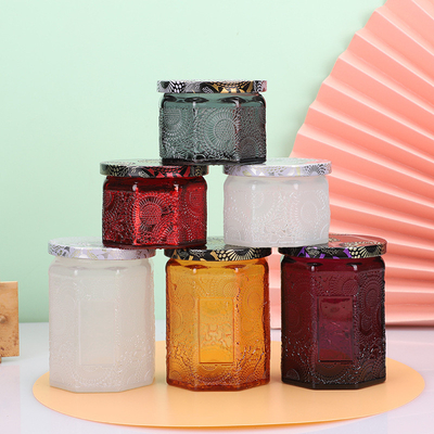 Octagon Glass Embossed Candle Jars Empty Luxury Multi Color 4oz 8oz With Lid